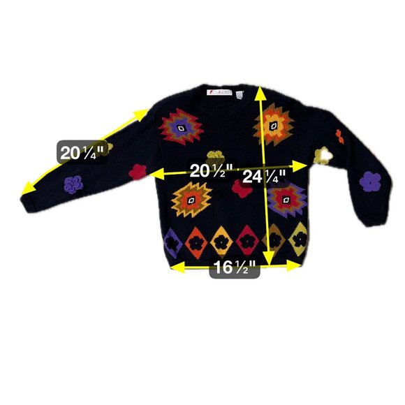 Vintage Black Sweater Colorful 80s Geometric Floral Sz Small Chaus Shoulder Pads - Picture 6 of 6